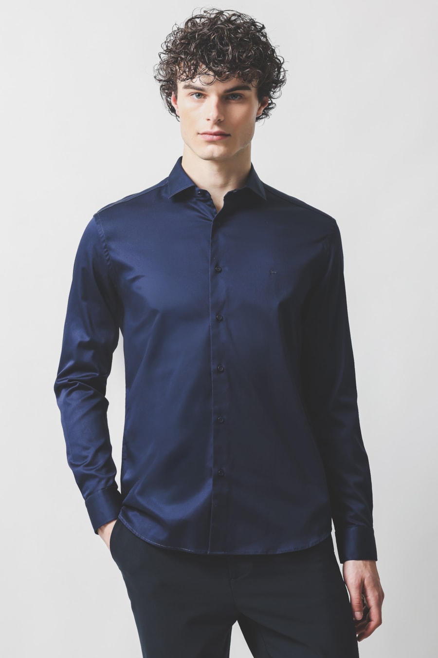 Camisa Manga Longa Slim Cetim St Hudson 2 Marinho — foto 1 de 6