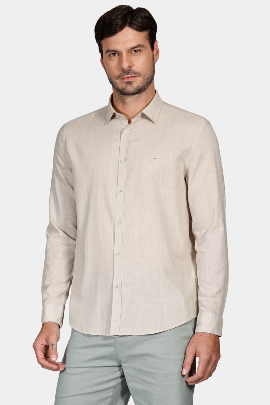 Camisa Manga Longa Slim Cotton Slub Areia — foto 1 de 5