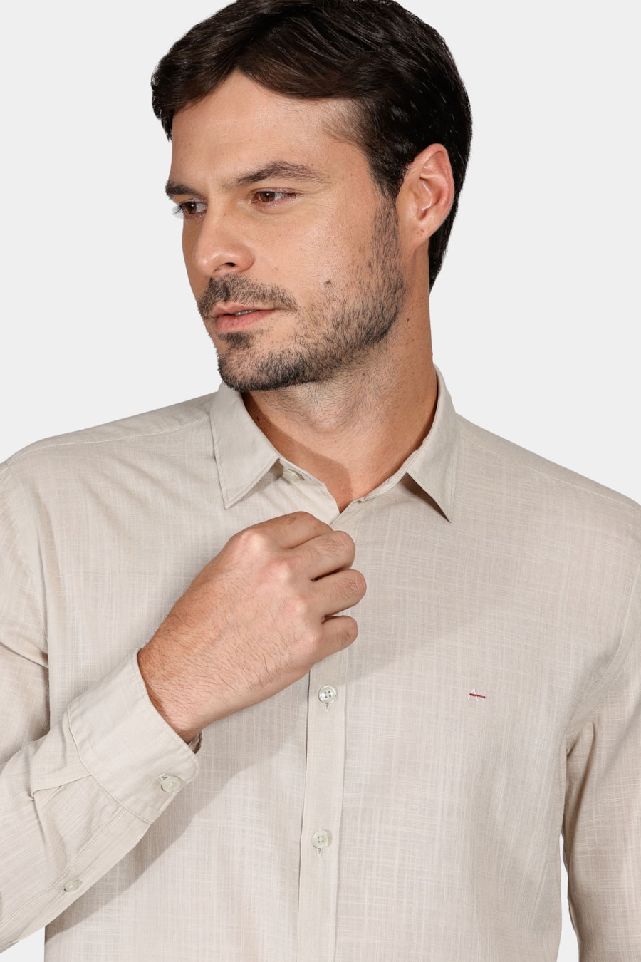 Camisa Manga Longa Slim Cotton Slub Areia — foto 3 de 5