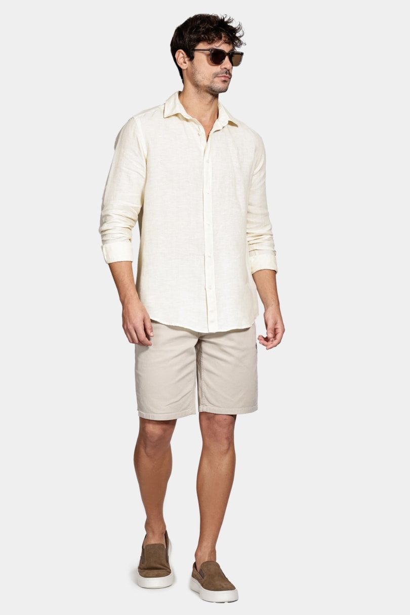 Camisa Manga Longa Slim em Linho Irlandês Amarelo Claro
