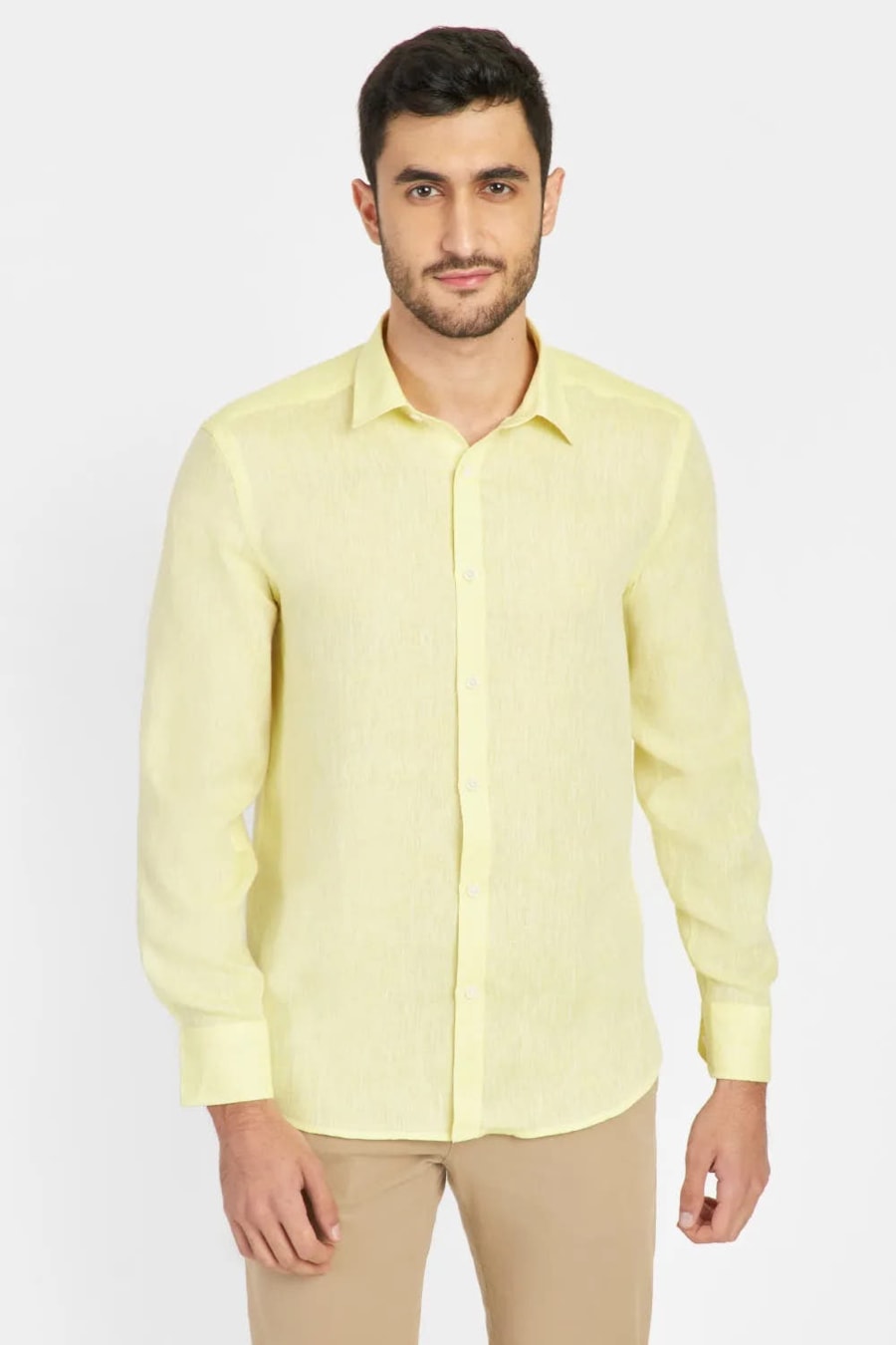 Camisa Manga Longa Slim em Linho Irlandês Amarelo Medio — foto 1 de 6
