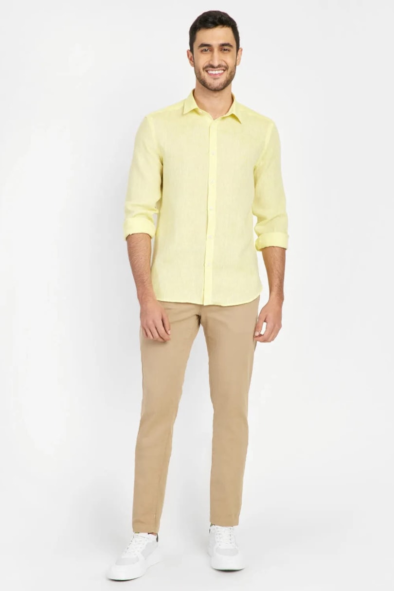 Camisa Manga Longa Slim em Linho Irlandês Amarelo Medio