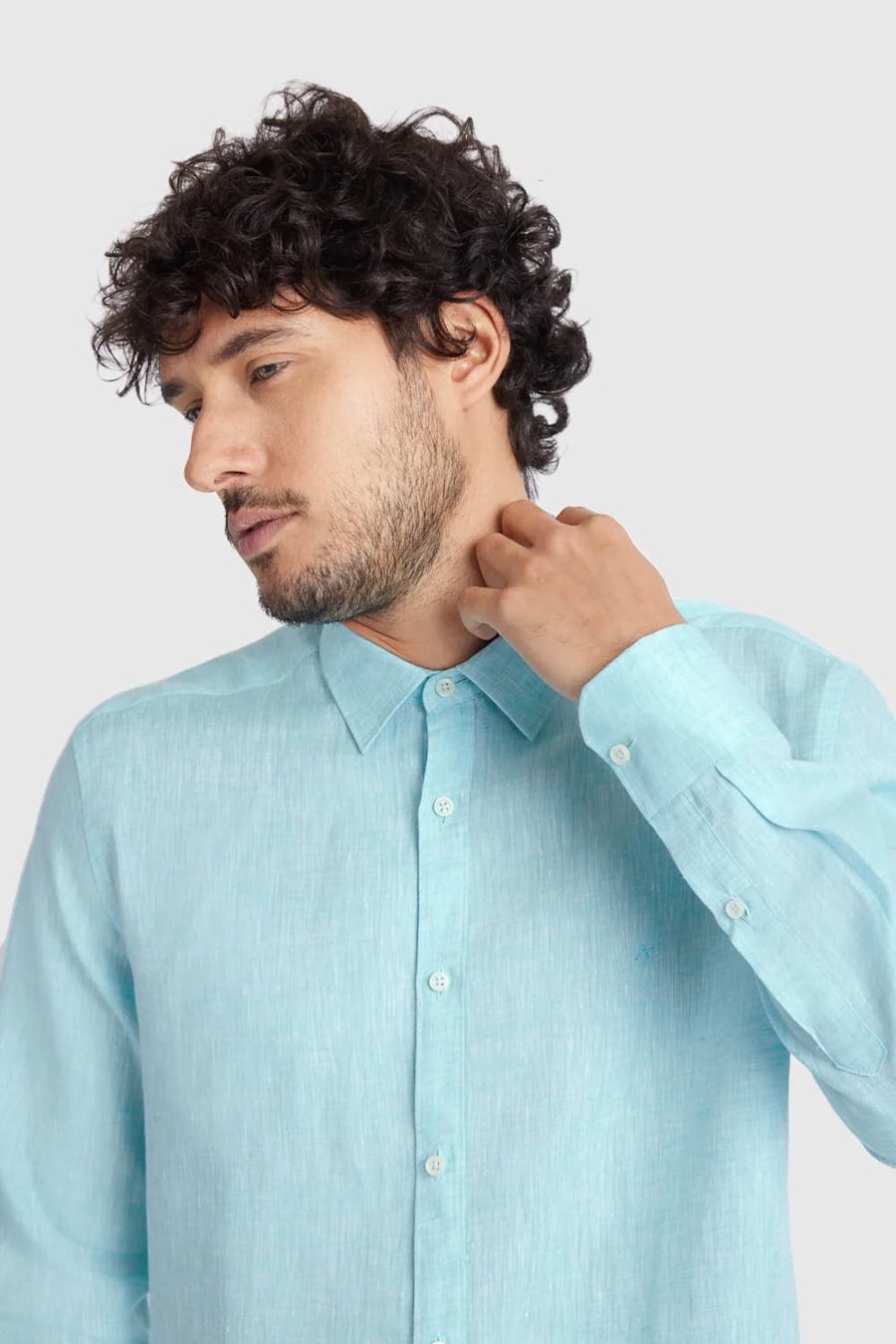 Camisa Manga Longa Slim em Linho Irlandês Aqua — foto 4 de 6