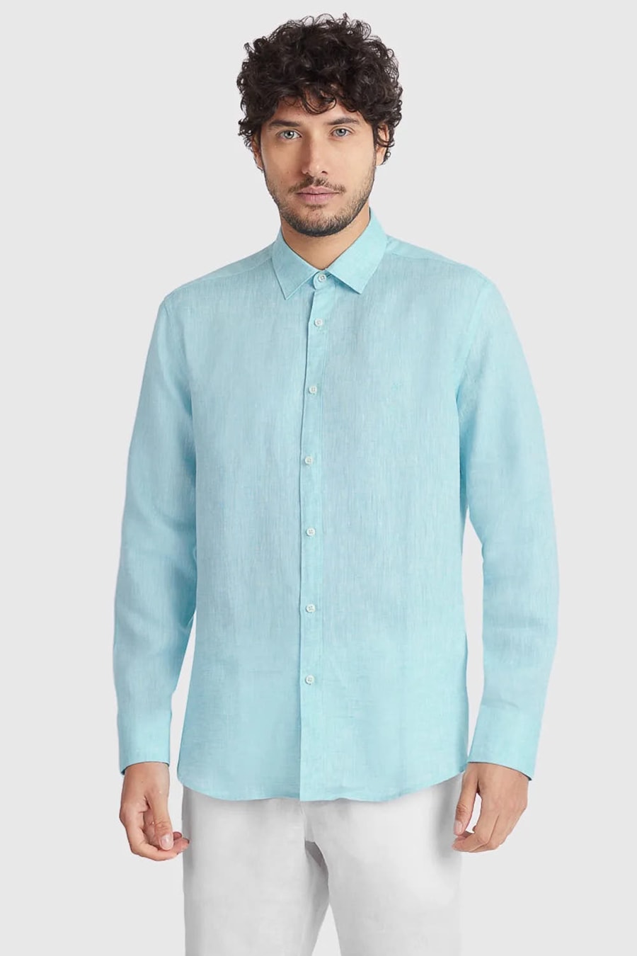 Camisa Manga Longa Slim em Linho Irlandês Aqua — foto 1 de 6