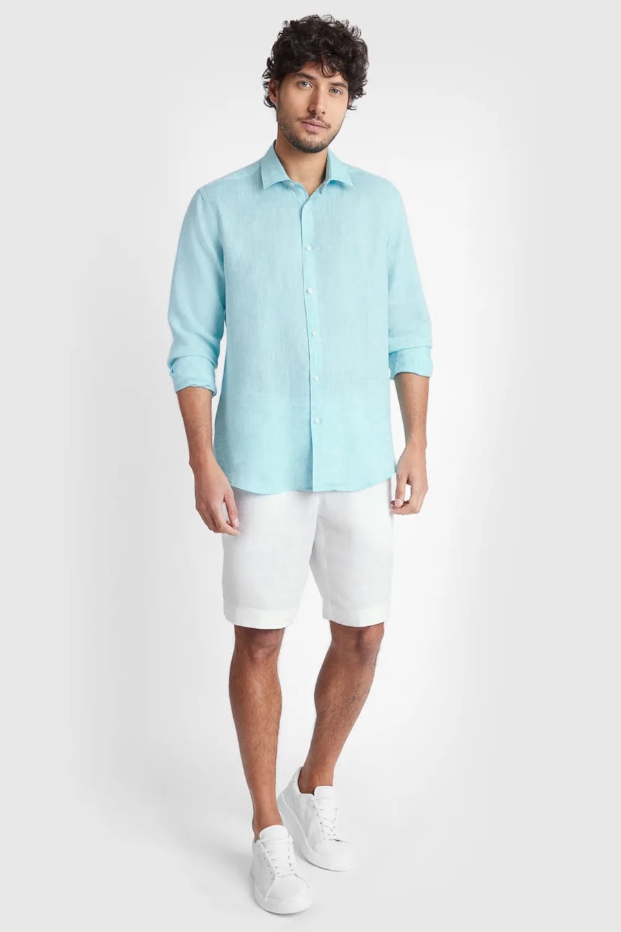 Camisa Manga Longa Slim em Linho Irlandês Aqua — foto 2 de 6