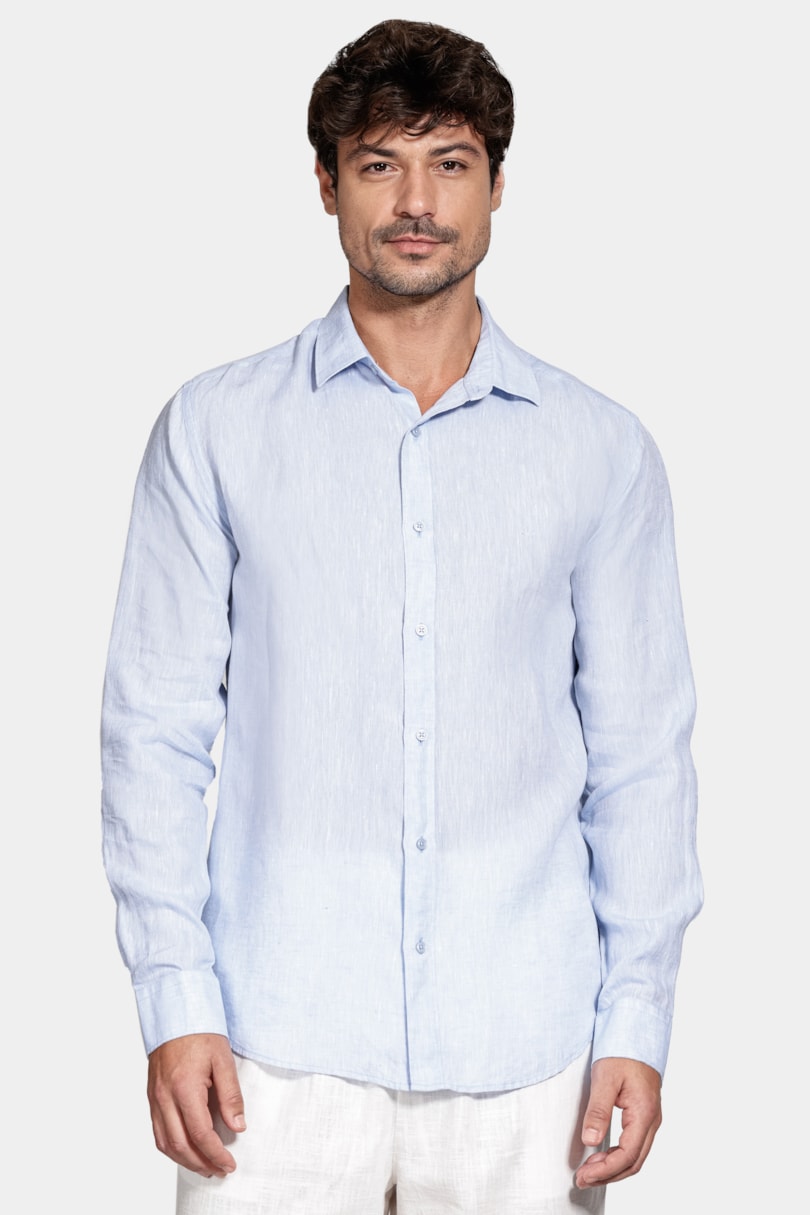 Camisa Manga Longa Slim em Linho Irlandês Azul Classico