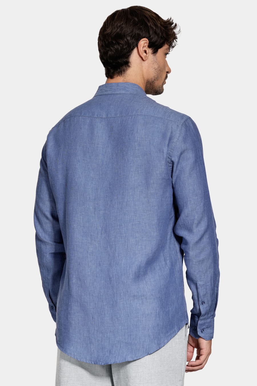 Camisa Manga Longa Slim em Linho Irlandês Azul Jeans — foto 4 de 6