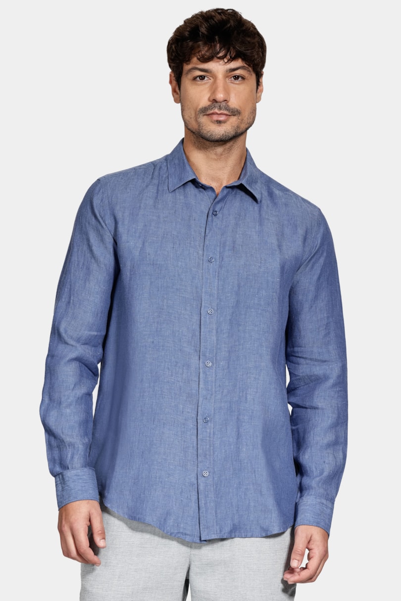 Camisa Manga Longa Slim em Linho Irlandês Azul Jeans