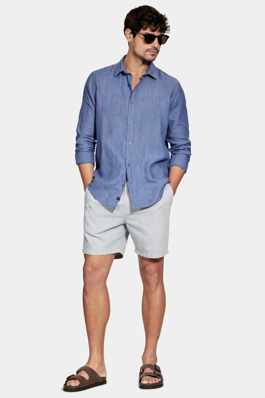 Camisa Manga Longa Slim em Linho Irlandês Azul Jeans — foto 2 de 6