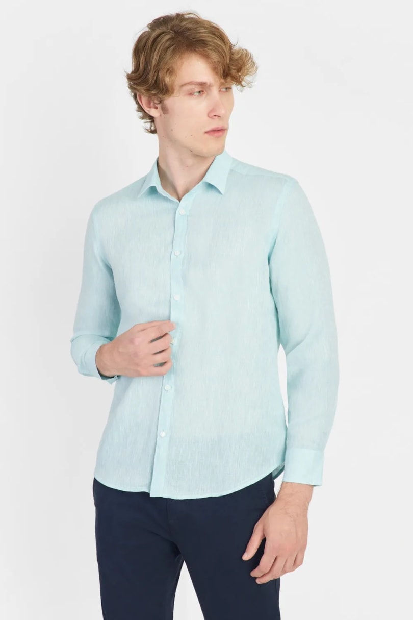 Camisa Manga Longa Slim em Linho Irlandês Azul Piscina