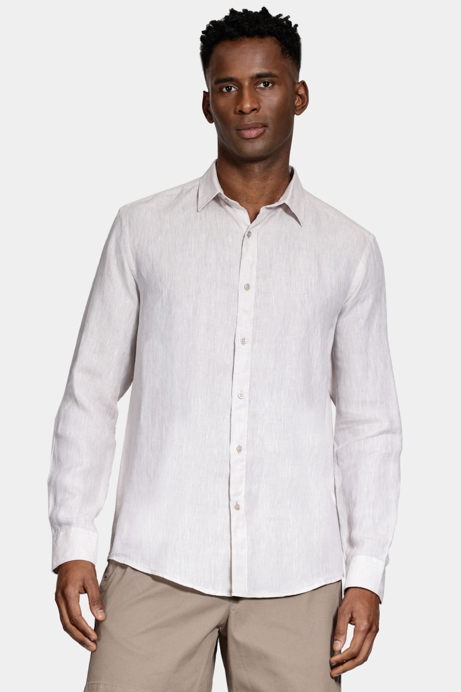 Camisa Manga Longa Slim em Linho Irlandês Cáqui — foto 1 de 5