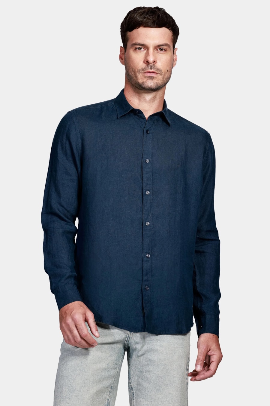 Camisa Manga Longa Slim em Linho Irlandês Marinho — foto 1 de 6