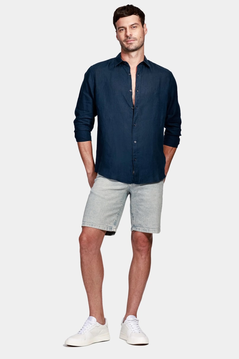 Camisa Manga Longa Slim em Linho Irlandês Marinho