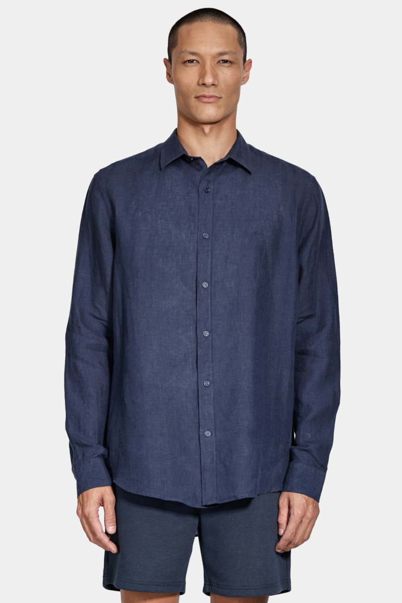 Camisa Manga Longa Slim em Linho Irlandês Marinho Escuro