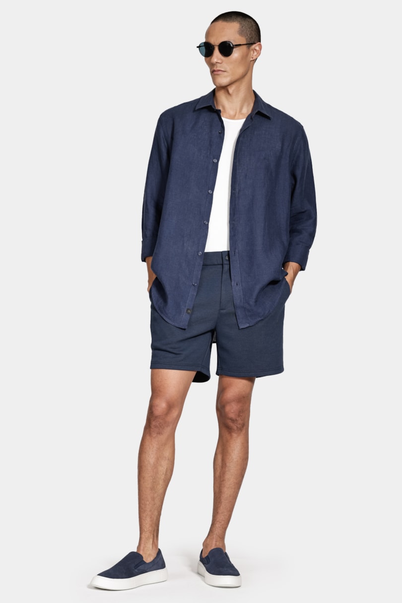 Camisa Manga Longa Slim em Linho Irlandês Marinho Escuro