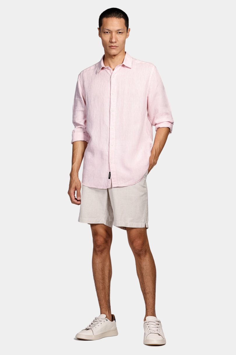 Camisa Manga Longa Slim em Linho Irlandês Rosa