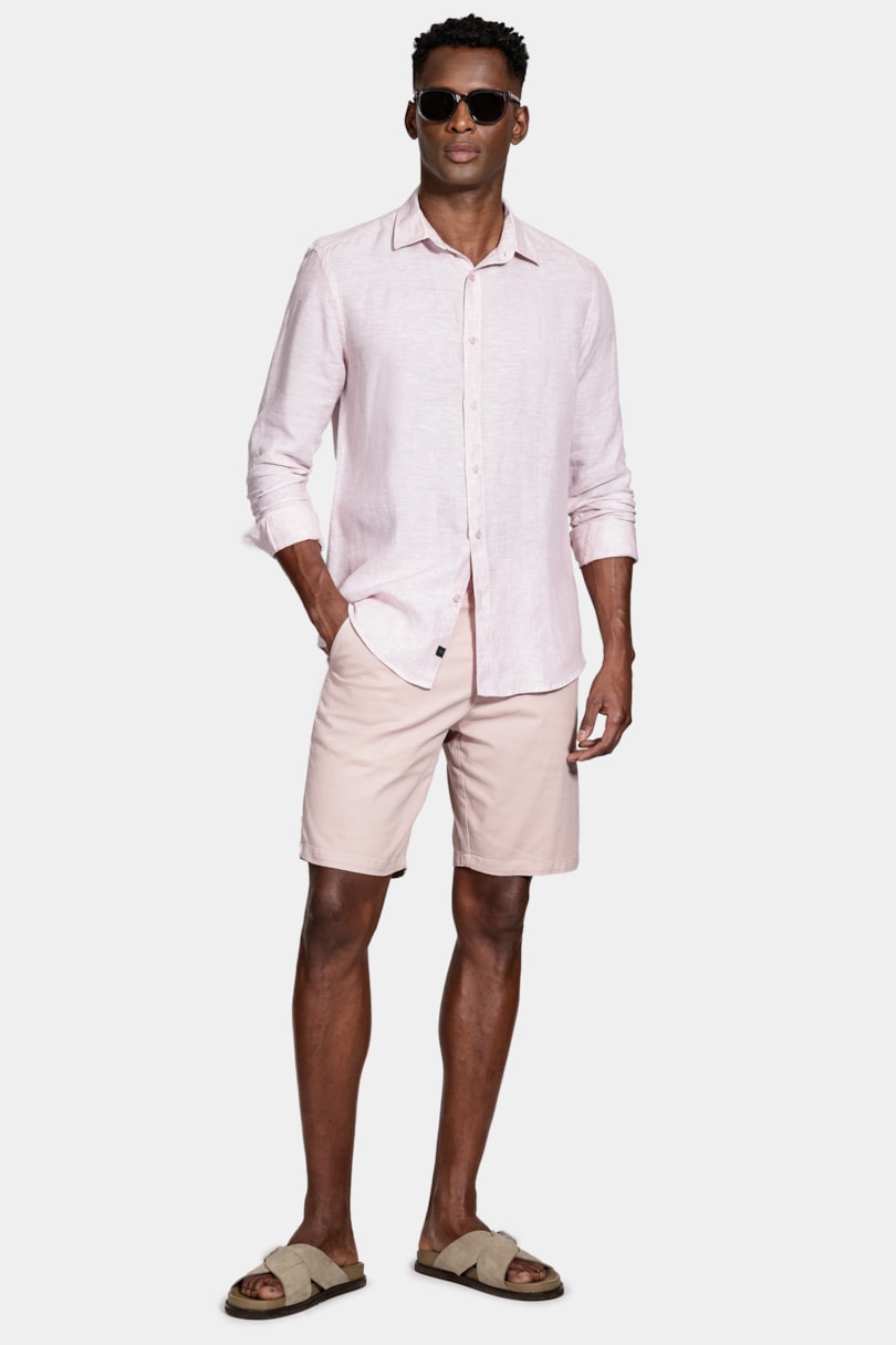 Camisa Manga Longa Slim em Linho Irlandês Rosa Claro