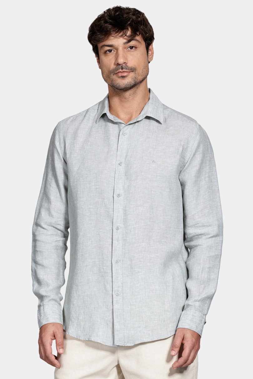 Camisa Manga Longa Slim em Linho Irlandês Verde Claro