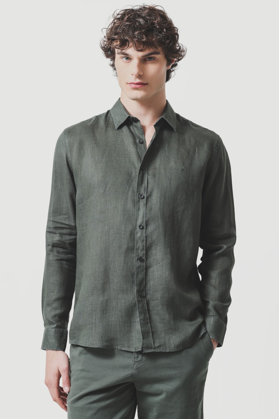 Camisa Manga Longa Slim em Linho Irlandês Verde Escuro — foto 1 de 6