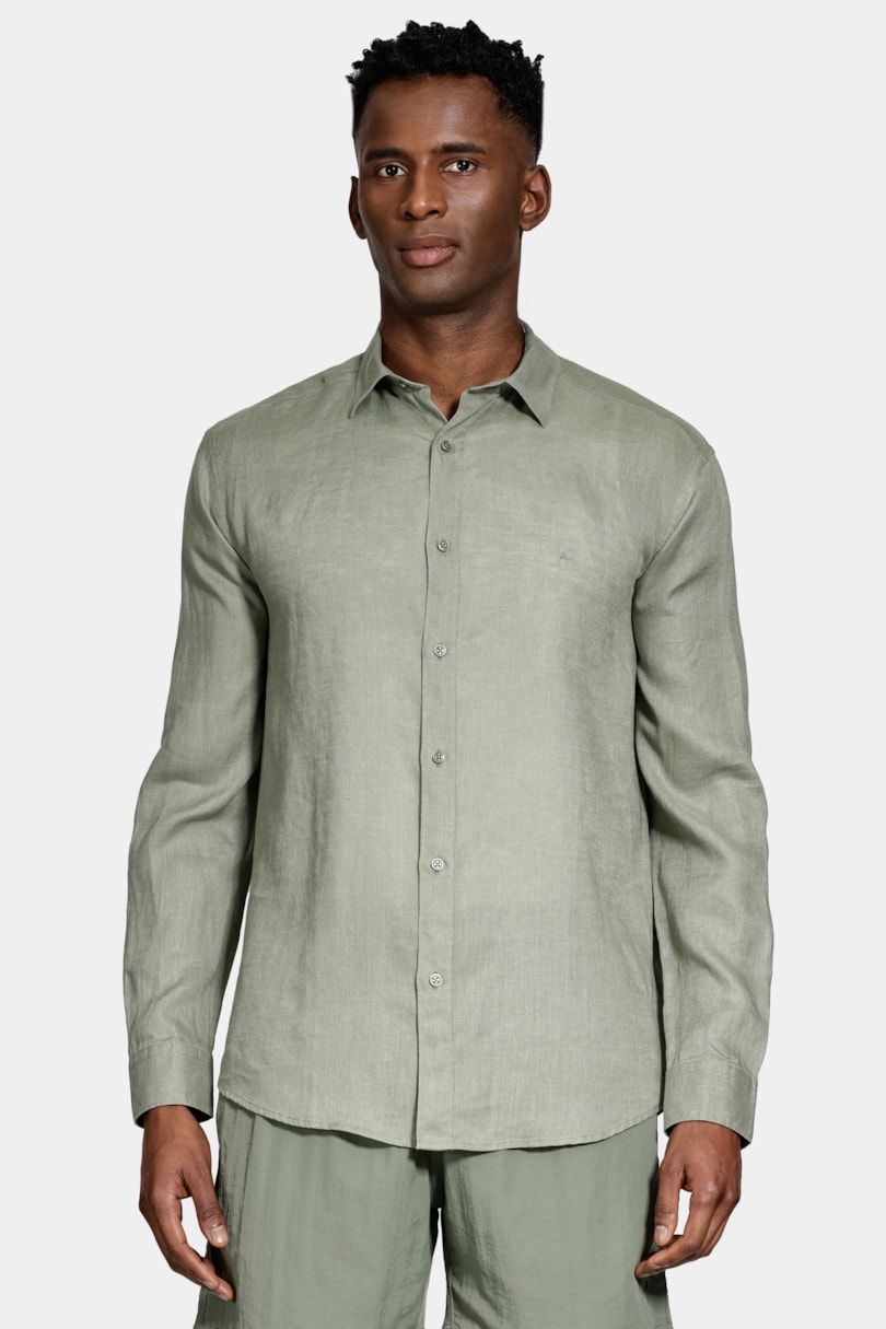 Camisa Manga Longa Slim em Linho Irlandês Verde Militar