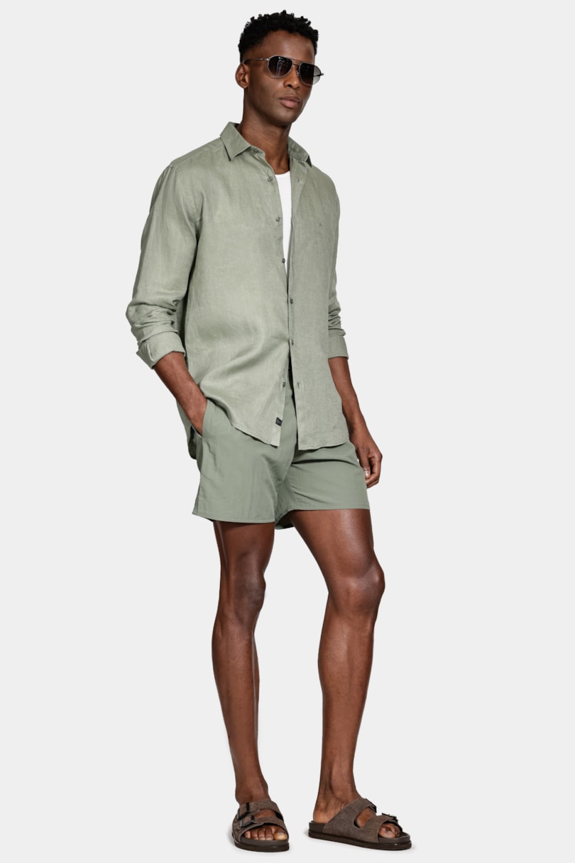 Camisa Manga Longa Slim em Linho Irlandês Verde Militar