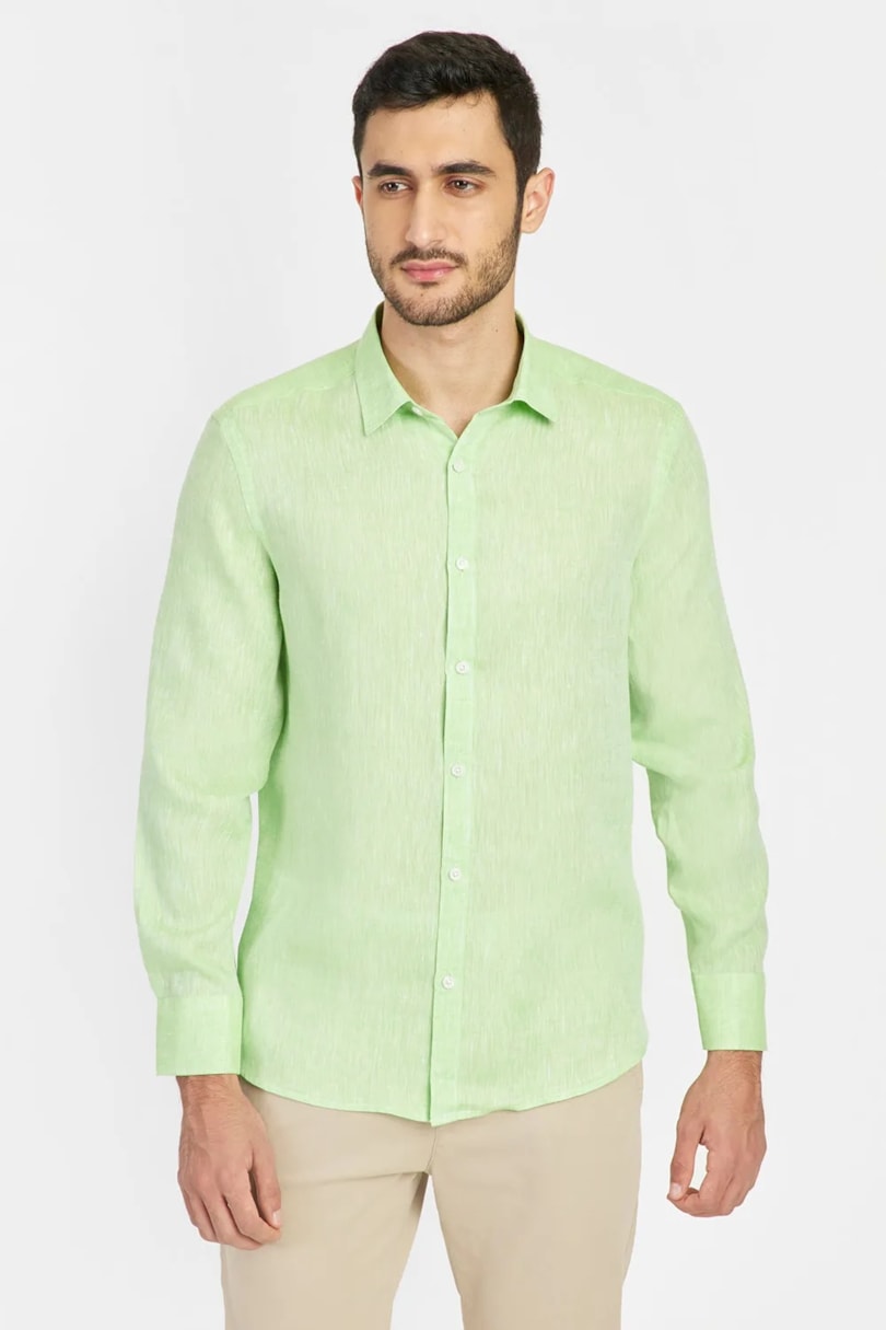 Camisa Manga Longa Slim em Linho Irlandês Verde Pistache