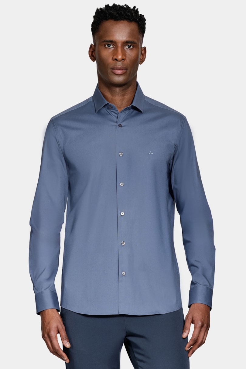 Camisa Manga Longa Slim em Tricoline Stretch Liso Azul Jeans