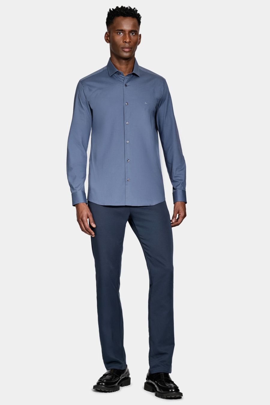 Camisa Manga Longa Slim em Tricoline Stretch Liso Azul Jeans — foto 2 de 6