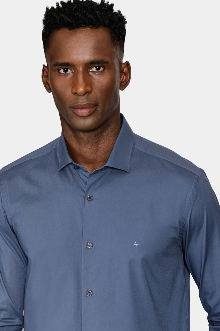 Camisa Manga Longa Slim em Tricoline Stretch Liso Azul Jeans — foto 3 de 6