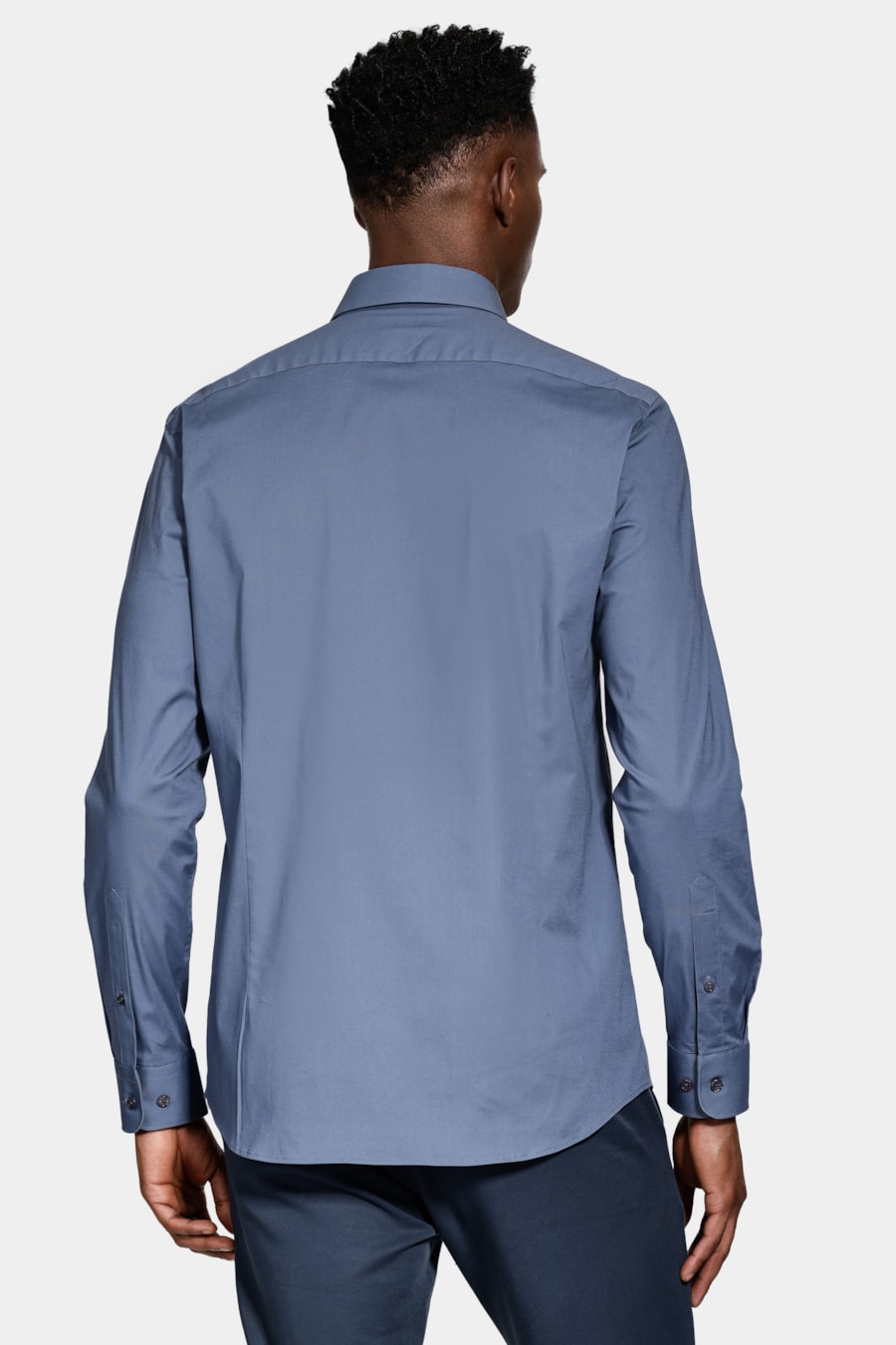 Camisa Manga Longa Slim em Tricoline Stretch Liso Azul Jeans — foto 4 de 6