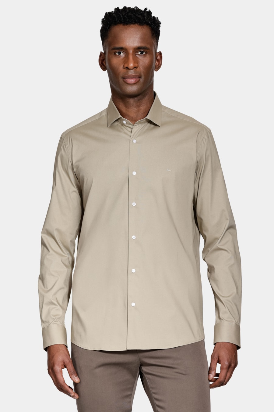 Camisa Manga Longa Slim em Tricoline Stretch Liso Caqui — foto 1 de 6