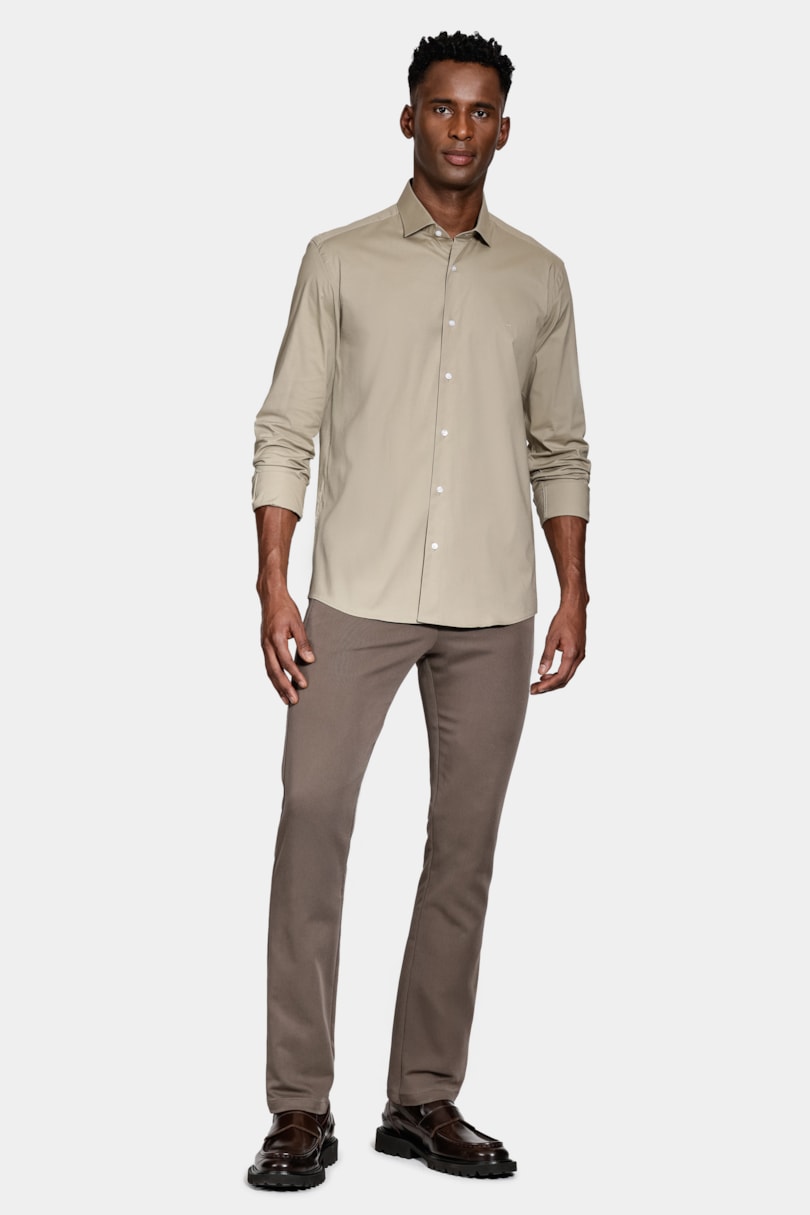 Camisa Manga Longa Slim em Tricoline Stretch Liso Caqui