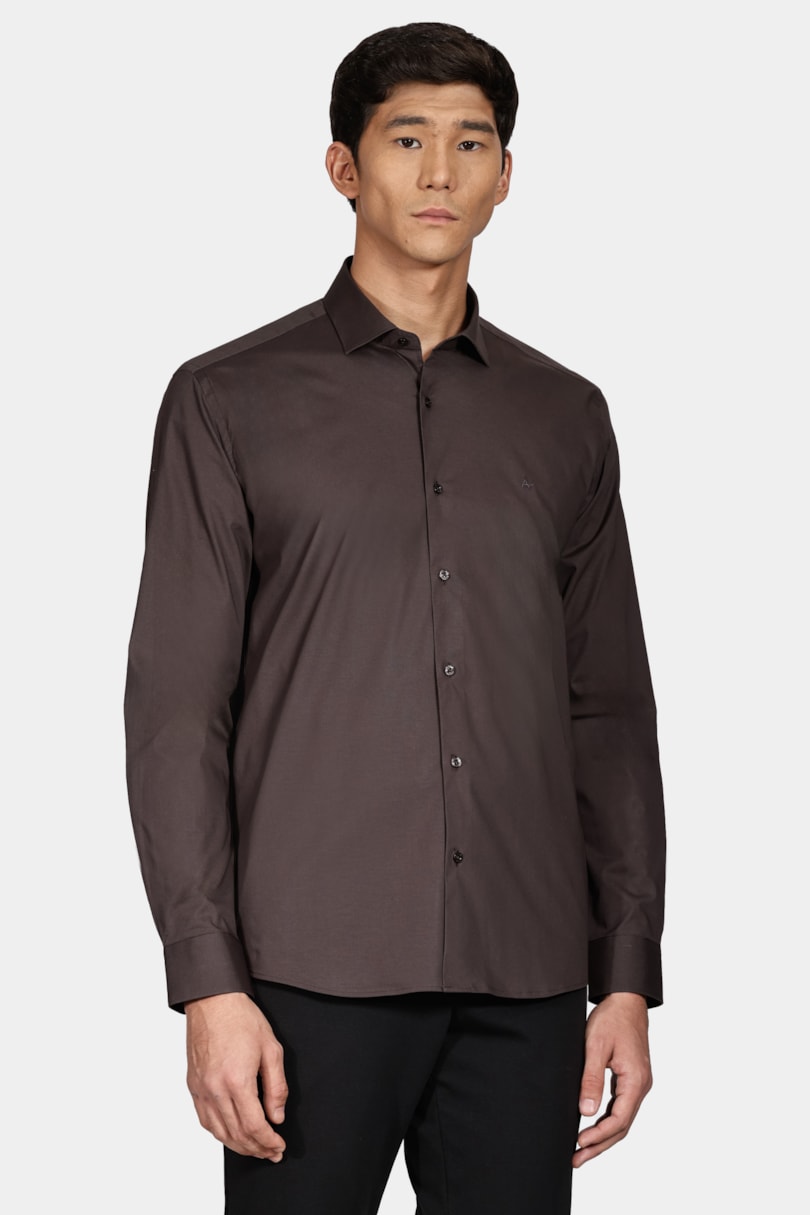 Camisa Manga Longa Slim em Tricoline Stretch Liso Chumbo