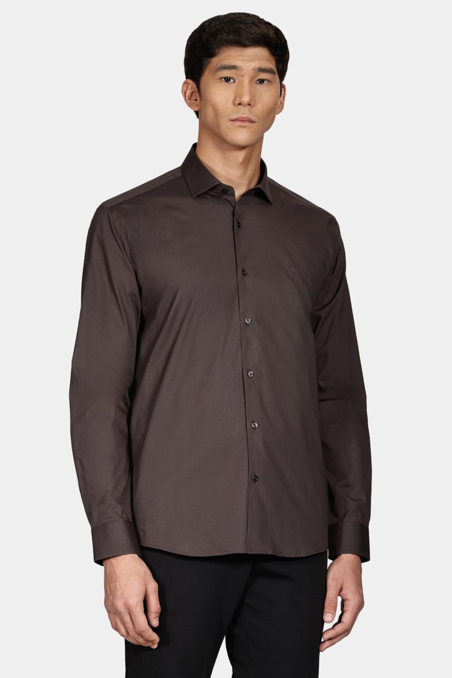 Camisa Manga Longa Slim em Tricoline Stretch Liso Chumbo — foto 1 de 6