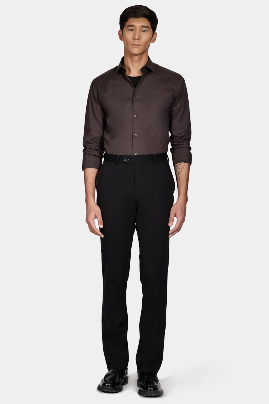 Camisa Manga Longa Slim em Tricoline Stretch Liso Chumbo — foto 2 de 6