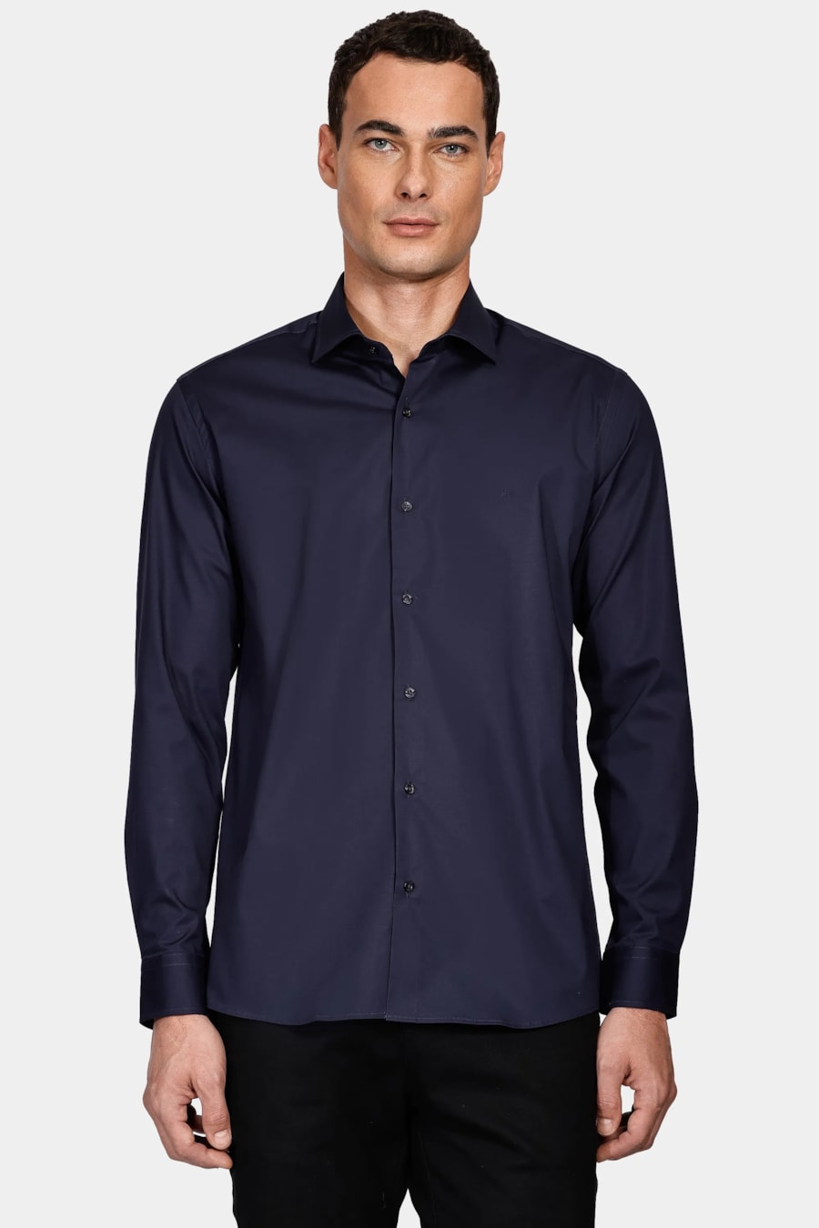 Camisa Manga Longa Slim em Tricoline Stretch Liso Marinho — foto 1 de 5