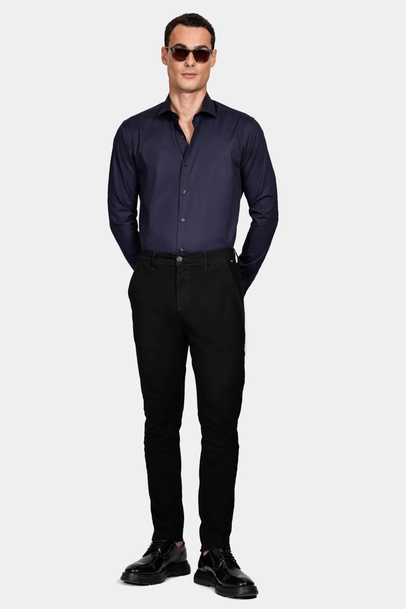 Camisa Manga Longa Slim em Tricoline Stretch Liso Marinho