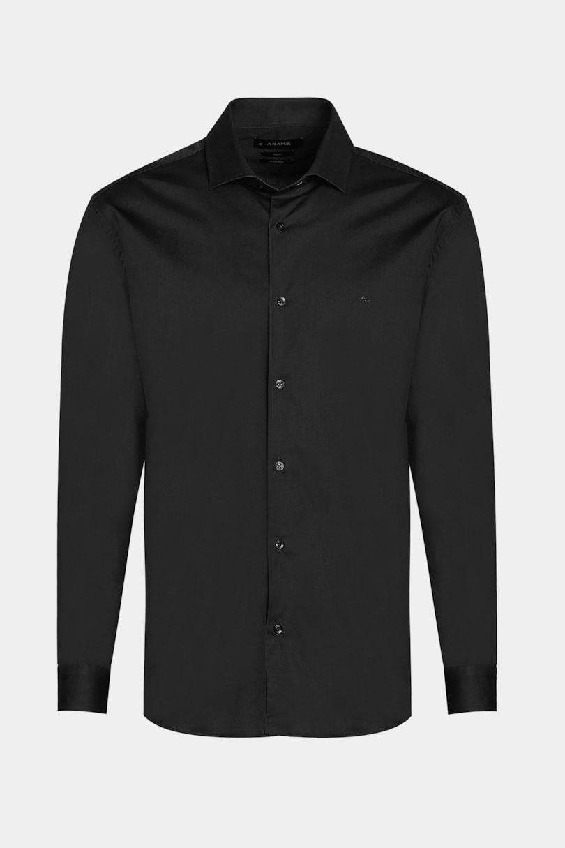 Camisa Manga Longa Slim em Tricoline Stretch Liso Preto