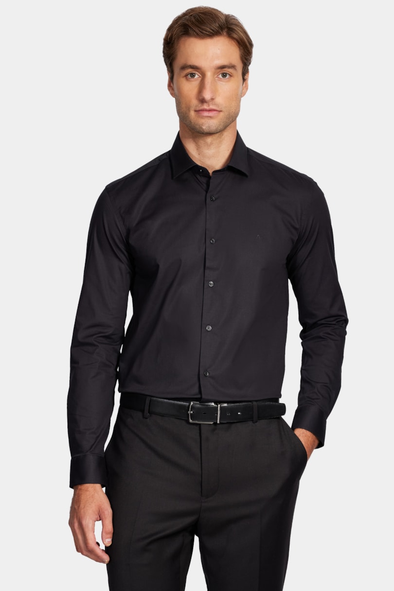 Camisa Manga Longa Slim em Tricoline Stretch Liso Preto