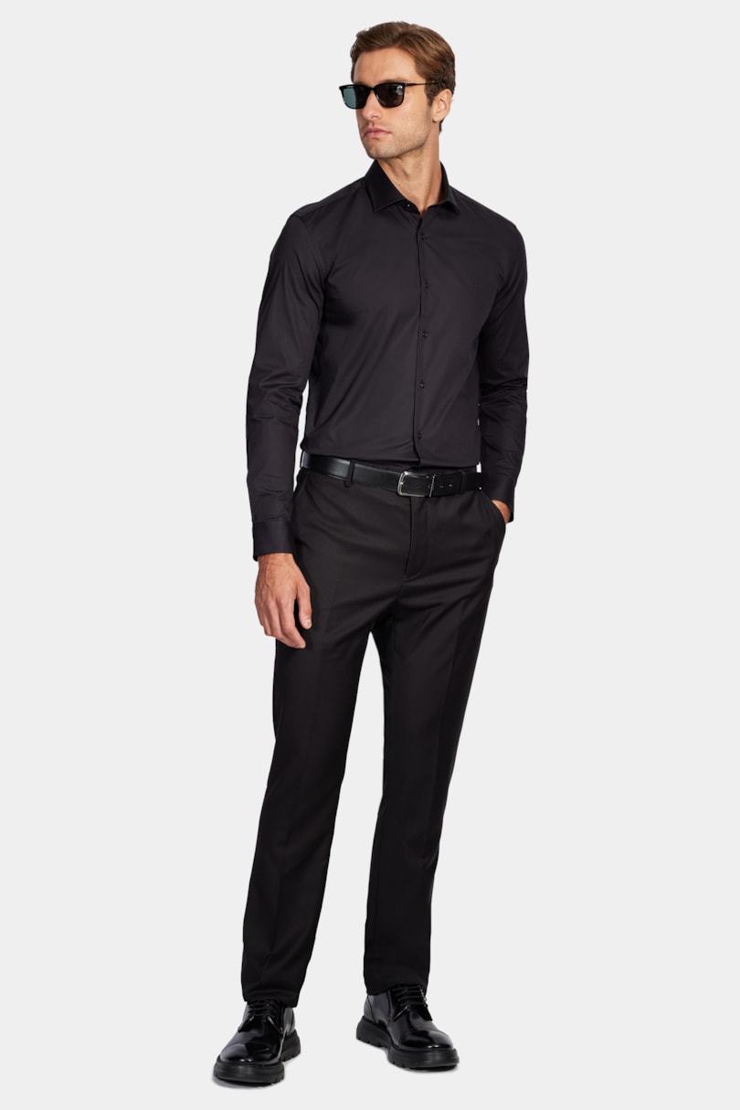 Camisa Manga Longa Slim em Tricoline Stretch Liso Preto