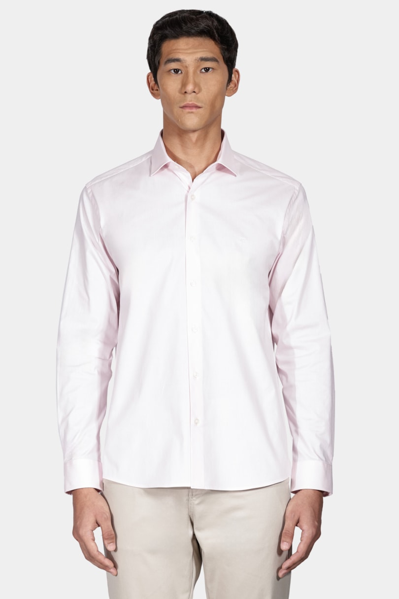 Camisa Manga Longa Slim em Tricoline Stretch Liso Rosa