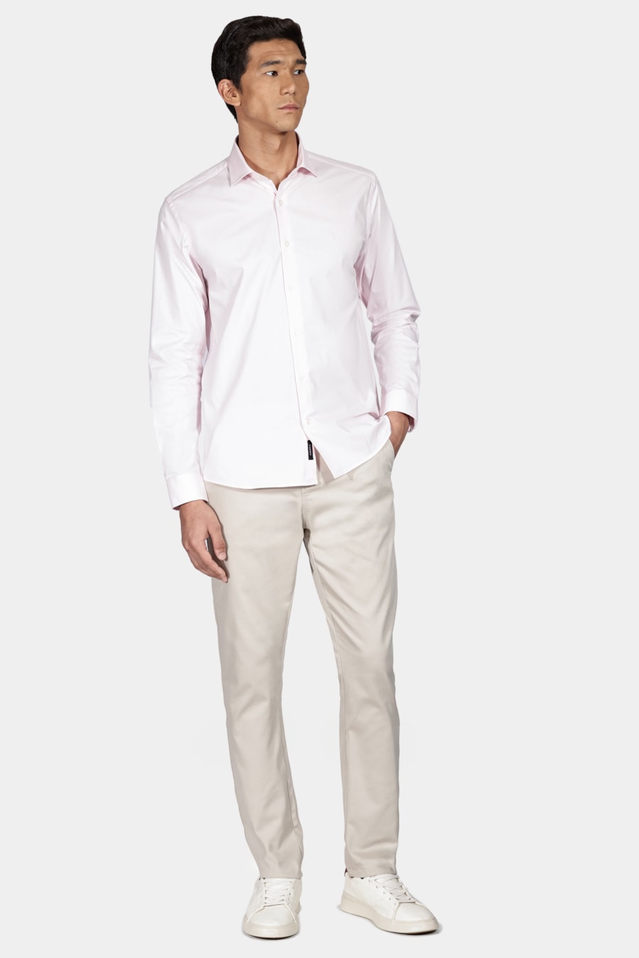 Camisa Manga Longa Slim em Tricoline Stretch Liso Rosa — foto 2 de 7