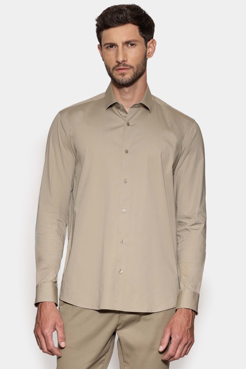 Camisa Manga Longa Slim em Tricoline Stretch Liso Trigo