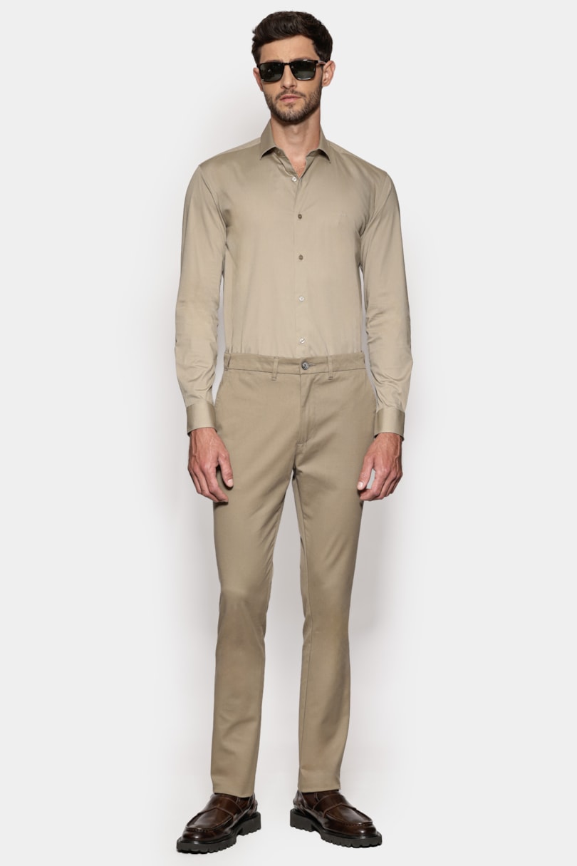 Camisa Manga Longa Slim em Tricoline Stretch Liso Trigo