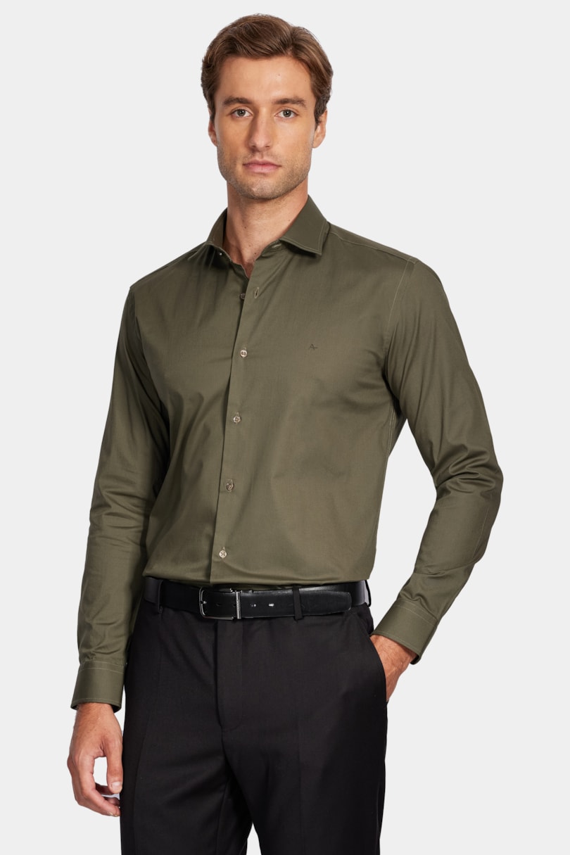 Camisa Manga Longa Slim em Tricoline Stretch Liso Verde