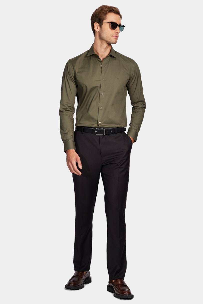 Camisa Manga Longa Slim em Tricoline Stretch Liso Verde