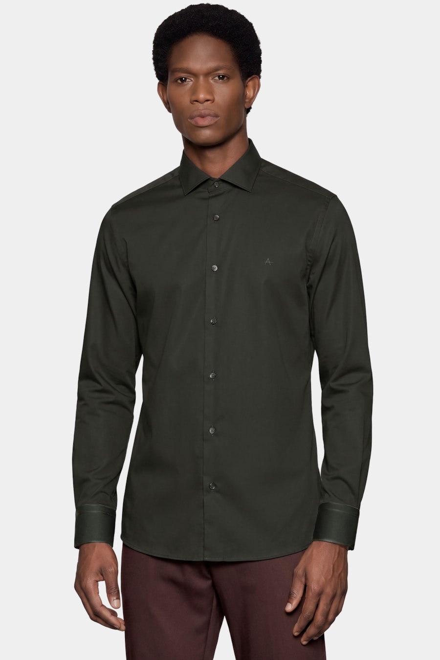 Camisa Manga Longa Slim em Tricoline Stretch Liso Verde Escuro — foto 1 de 6