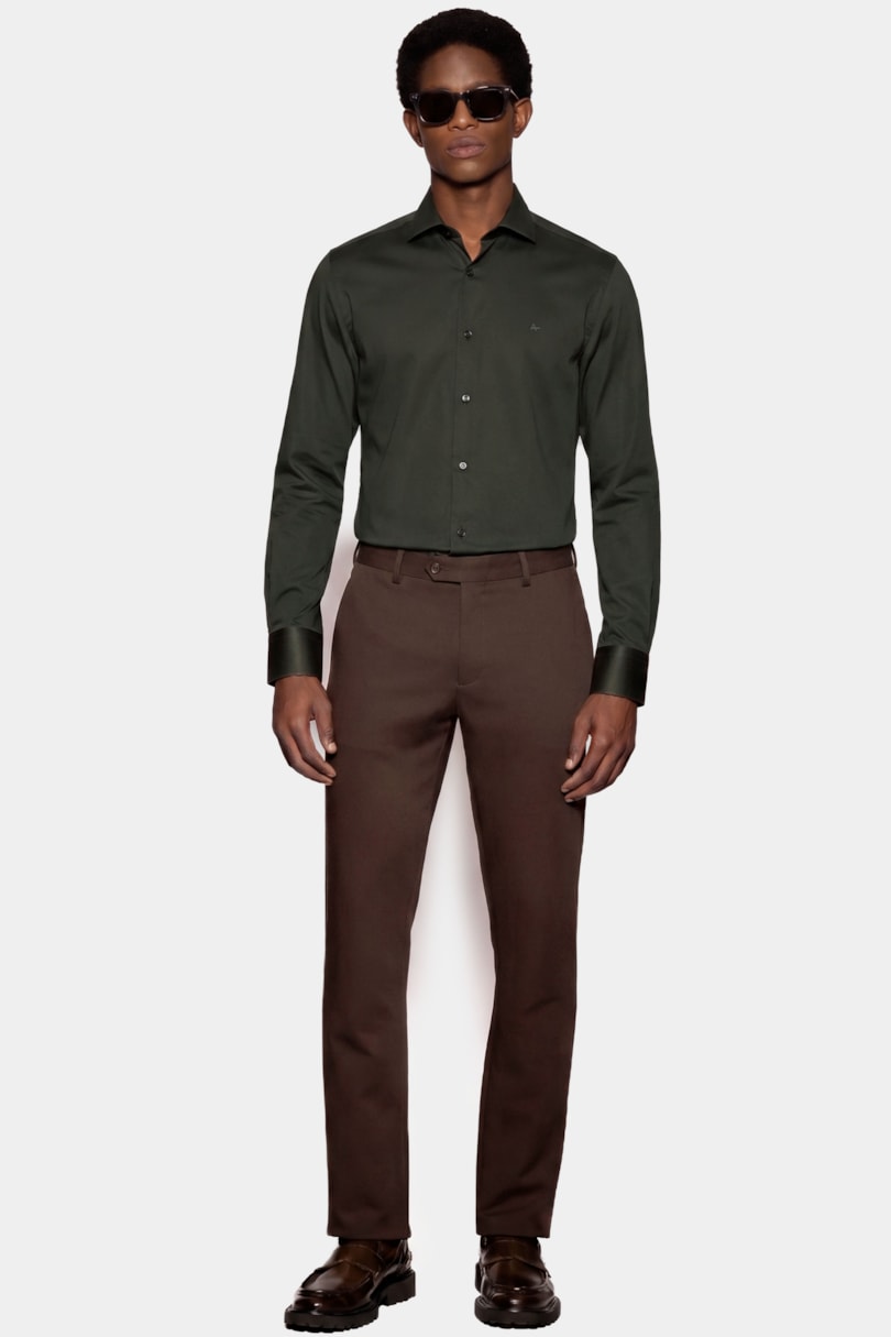 Camisa Manga Longa Slim em Tricoline Stretch Liso Verde Escuro