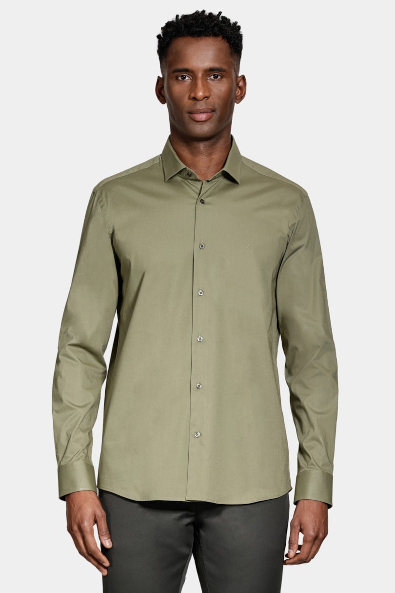 Camisa Manga Longa Slim em Tricoline Stretch Liso Verde Folha