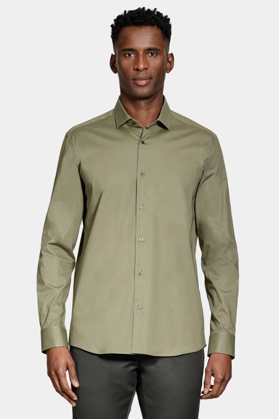 Camisa Manga Longa Slim em Tricoline Stretch Liso Verde Folha — foto 1 de 6